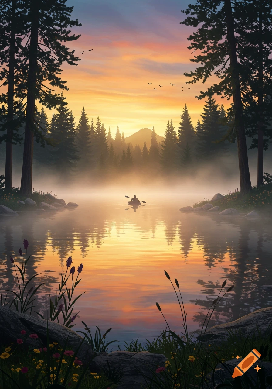 A lone kayaker paddles across a misty lake at sunrise, surrounded by pine trees with golden reflections on the water. Digital art.