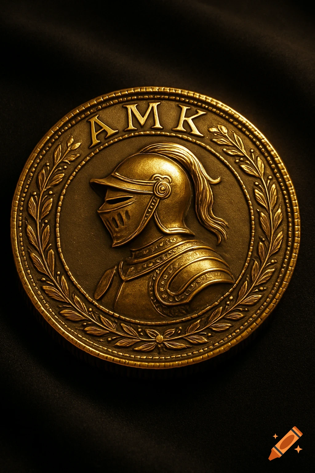 A detailed gold coin or medallion featuring the letters AMK along the top border and a profile of a knight's head in the center, on a dark background.