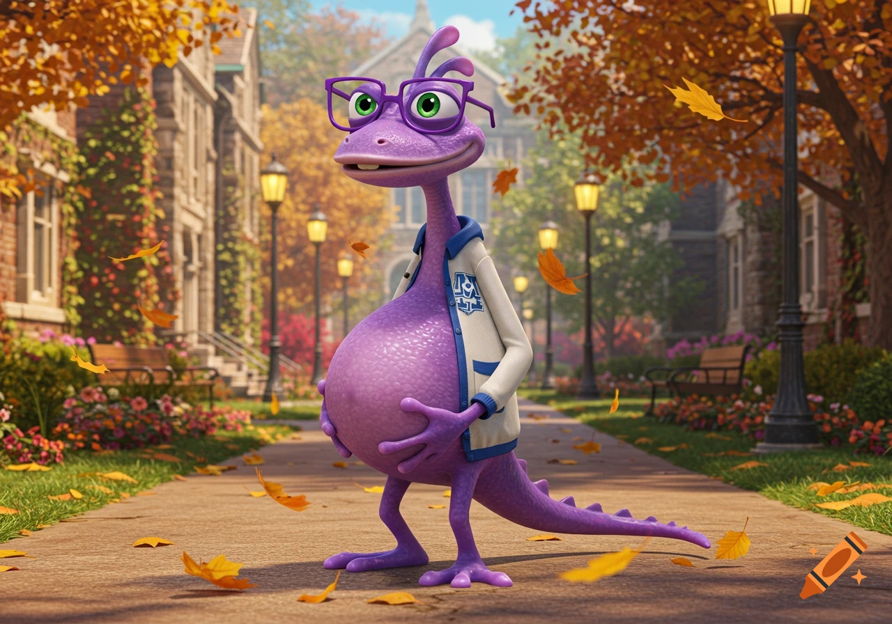 A pregnant, purple Randall Boggs from Monsters University, wearing purple glasses and a varsity jacket, stands on an autumn campus path.