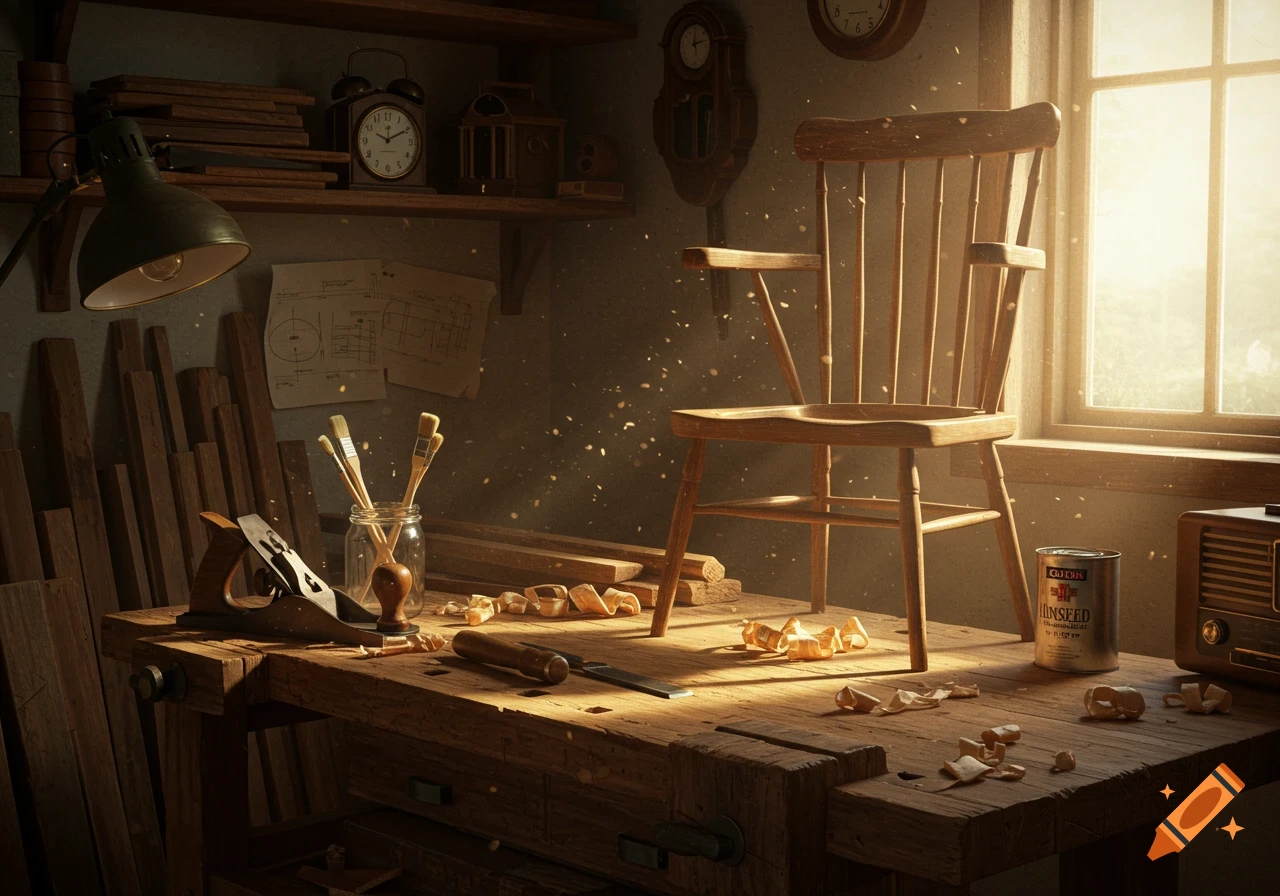 A warmly lit, realistic woodworking workshop with a rustic workbench, tools, a chair, and wood dust floating in sunlight from a window.