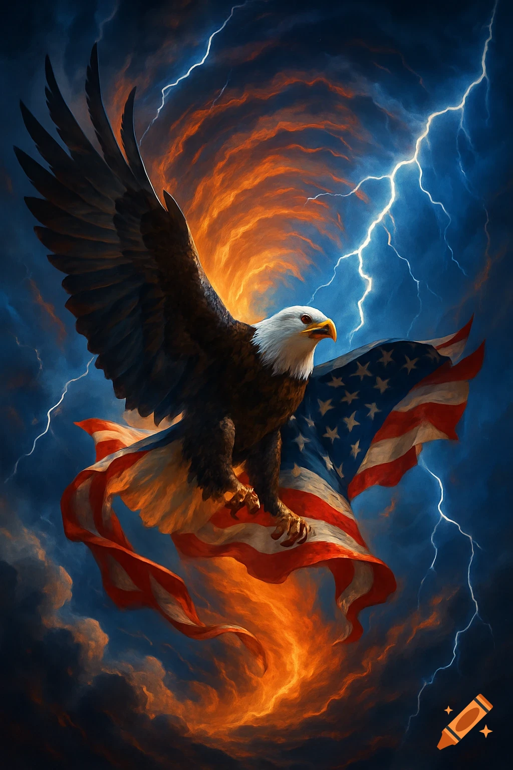 A majestic bald eagle with outstretched wings carries an American flag through a dramatic sky with orange clouds and lightning.