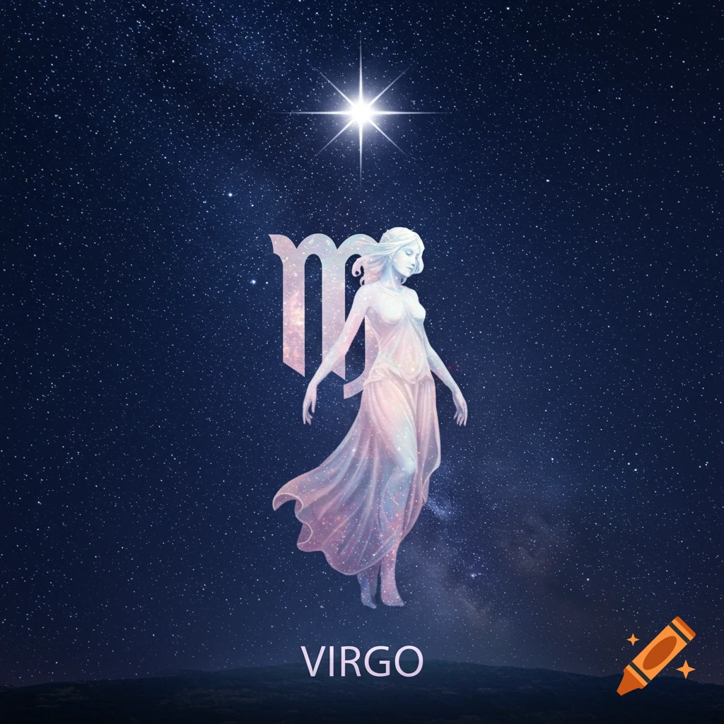 A stylized, translucent depiction of the constellation Virgo as a woman, with the Virgo symbol next to her, under a bright star in a starry night sky.