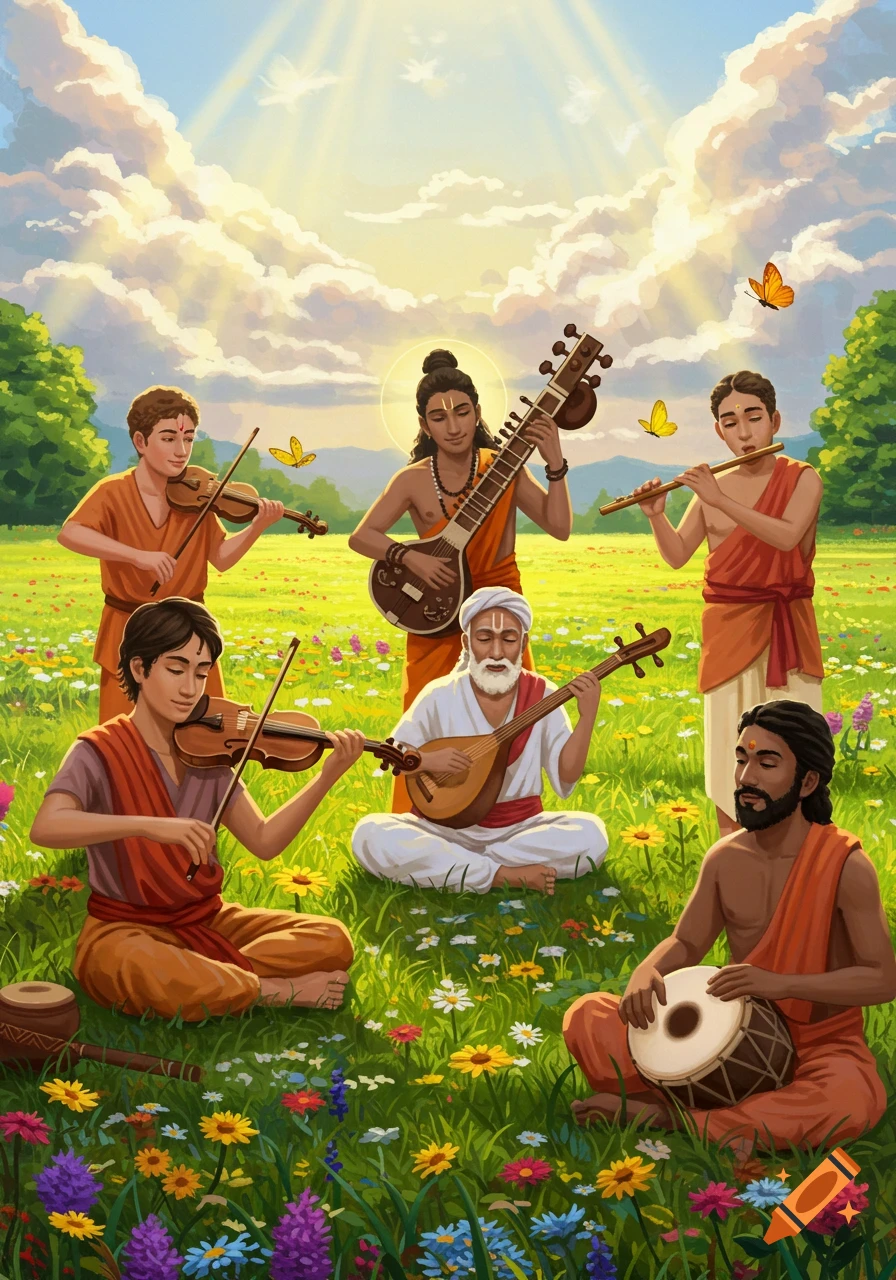 Illustrated scene of six male musicians in robes playing traditional instruments in a sunny wildflower meadow.