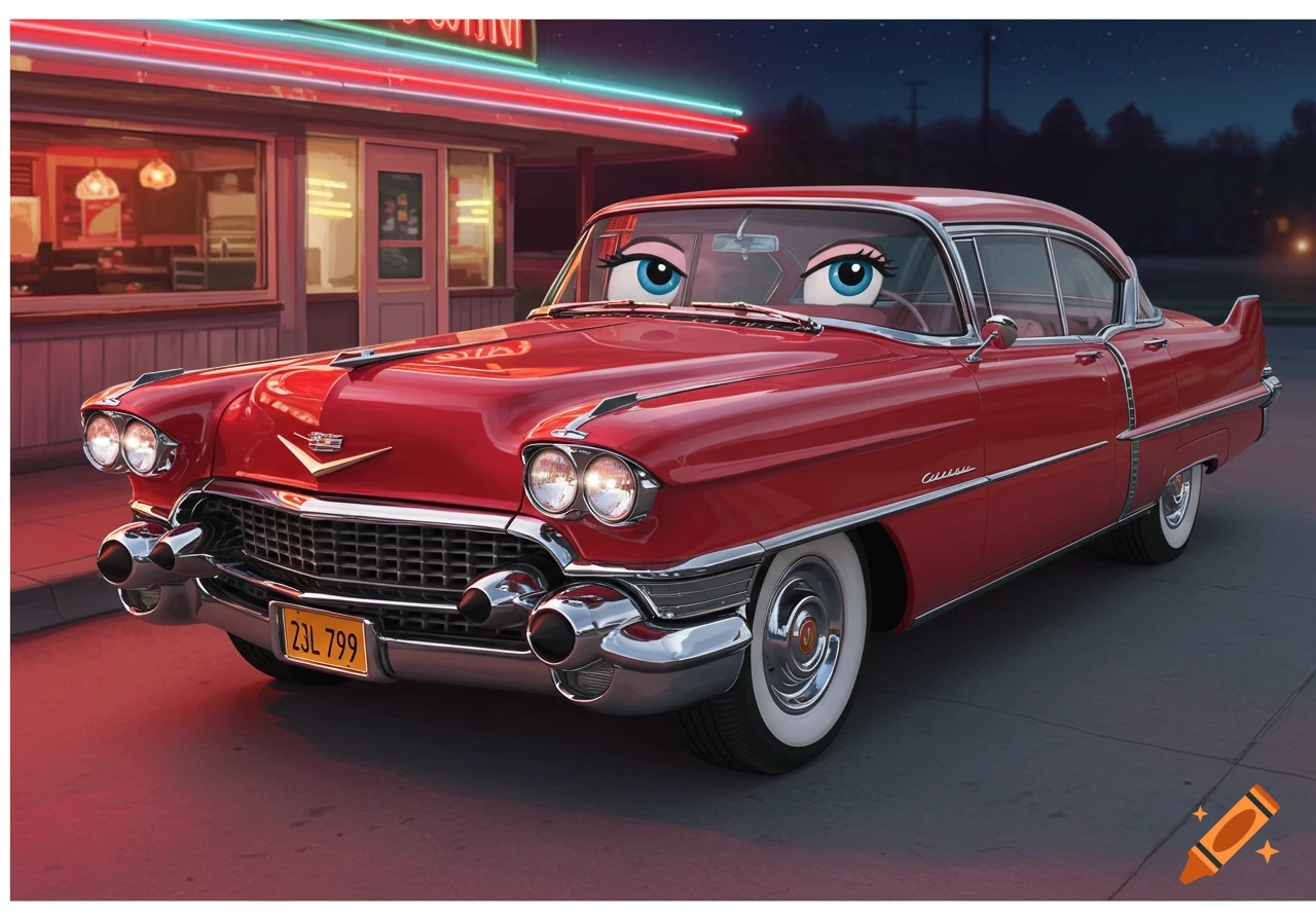 A stylized red 1950s Cadillac with large blue cartoon eyes on its windshield, parked at night in front of a diner with neon lights.