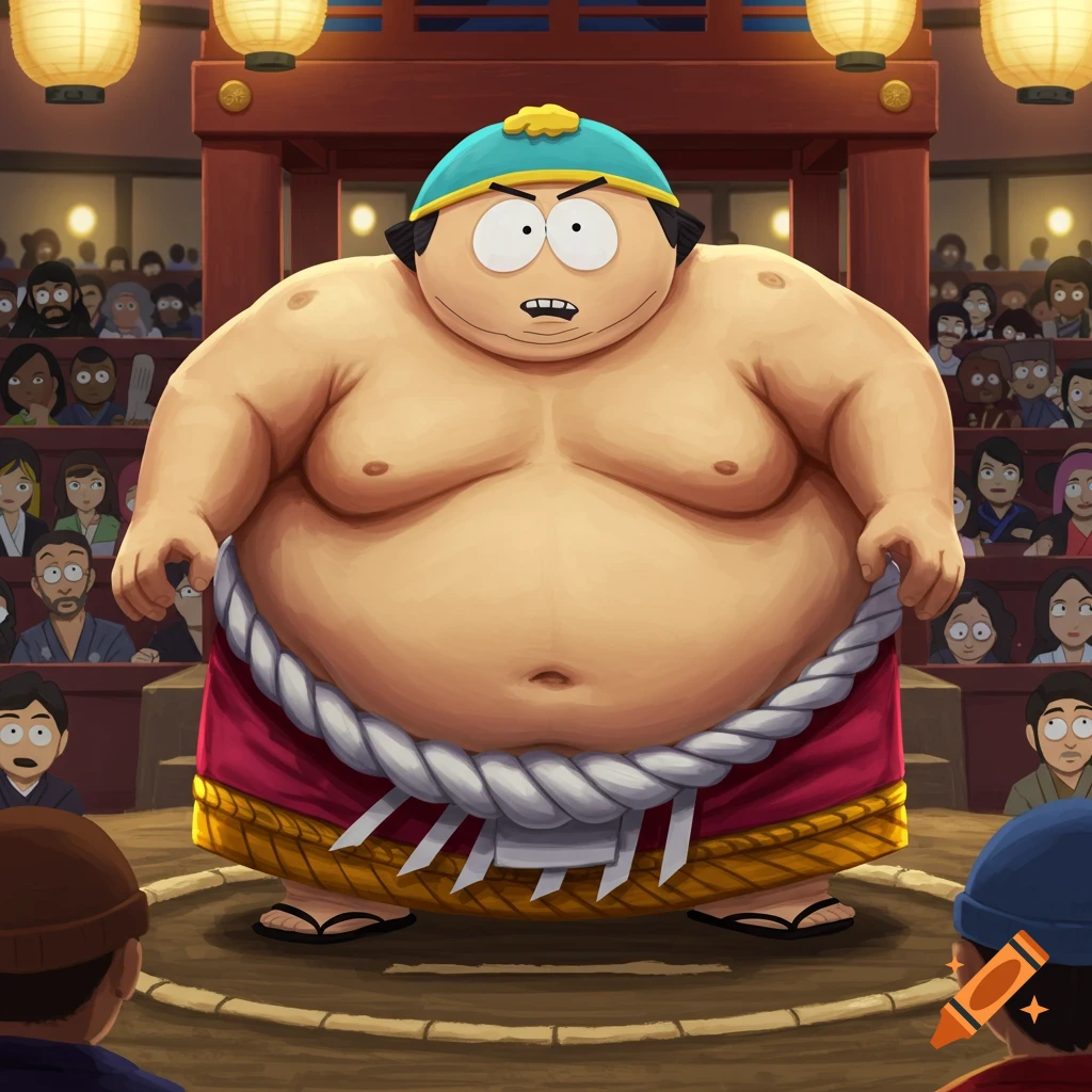 Cartoon Eric Cartman, dressed as a sumo wrestler, stands in a dohyo with a crowd watching in the background.