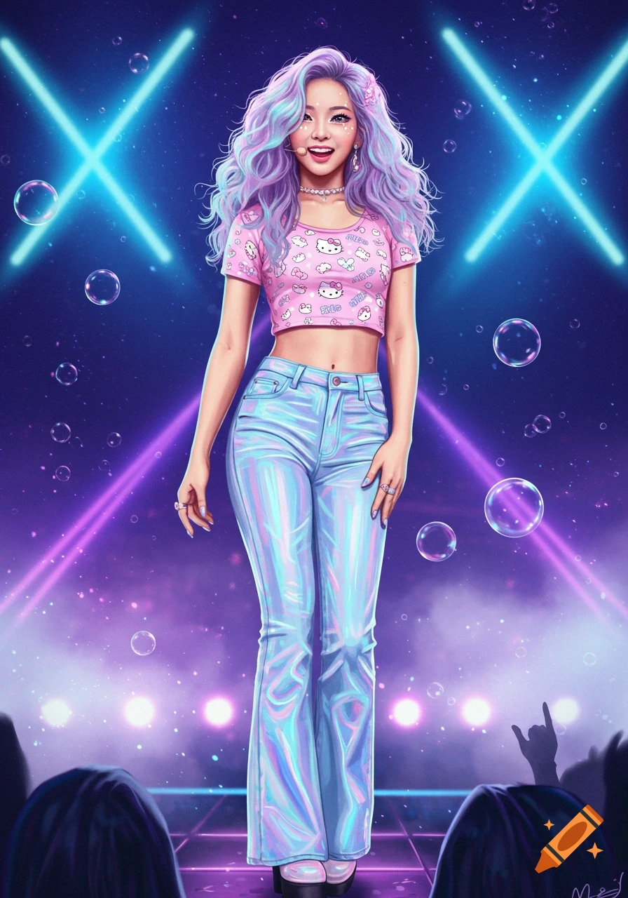 An anime-style kpop idol with pastel hair and a pink Hello Kitty crop top stands on a futuristic stage with neon lights and bubbles.
