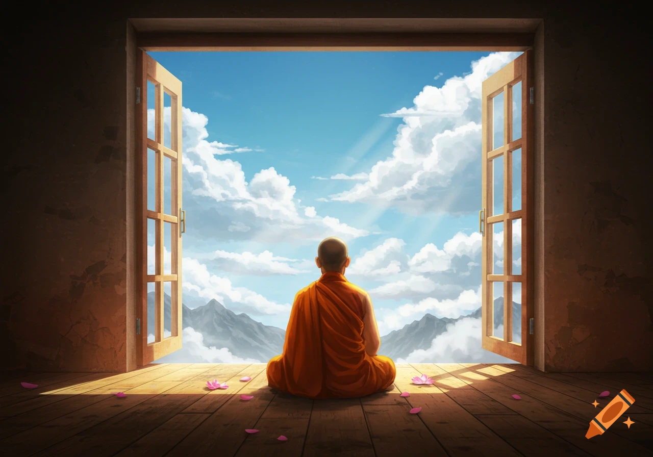 A Buddhist monk in orange robes meditating, seen from behind, sitting before an open window overlooking a vast cloudy sky and mountains.