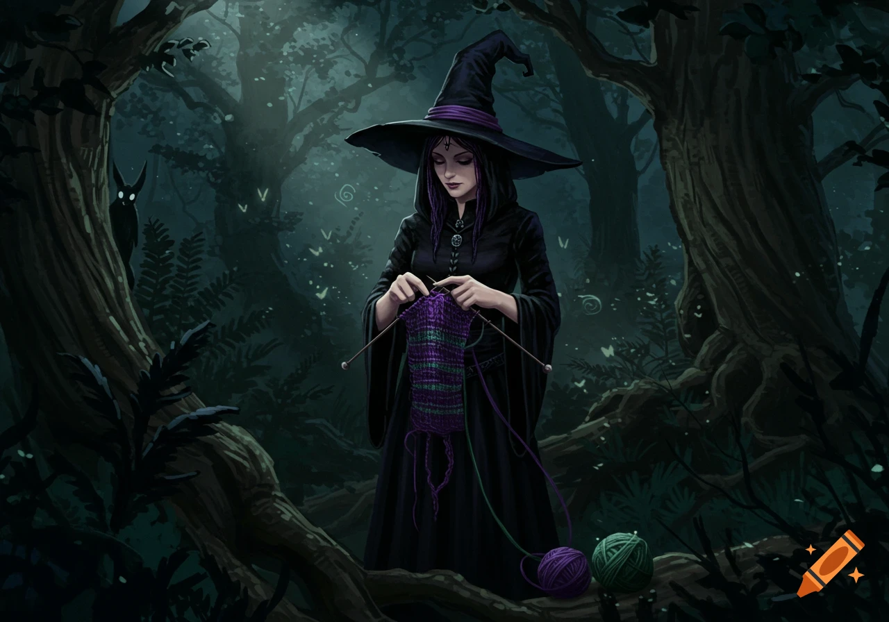 A dark fantasy illustration of a witch in a forest, knitting with purple and green yarn, watched by a small black creature.