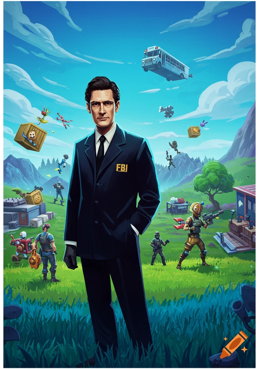 Cartoon Fortnite landscape with Dale Cooper in an FBI suit, surrounded by game characters, a flying bus, and crates.