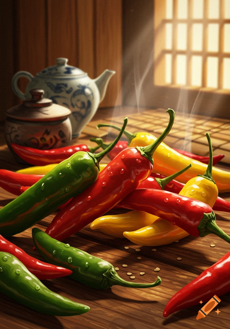 A close-up of red, green, and yellow chili peppers with water droplets on a wooden table, with a teapot and jar in the background.