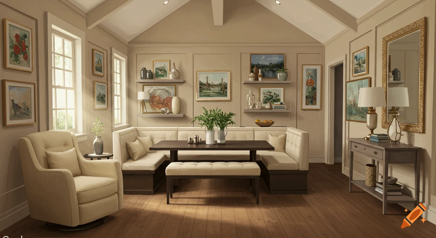 A cozy, modern cottage-style dining and living area with a swivel chair, long table, bench, and decorated walls.
