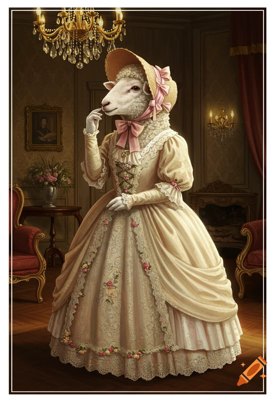 An anthropomorphic sheep wearing a pale yellow Victorian-era gown and a straw bonnet stands in a lavish room with a chandelier.