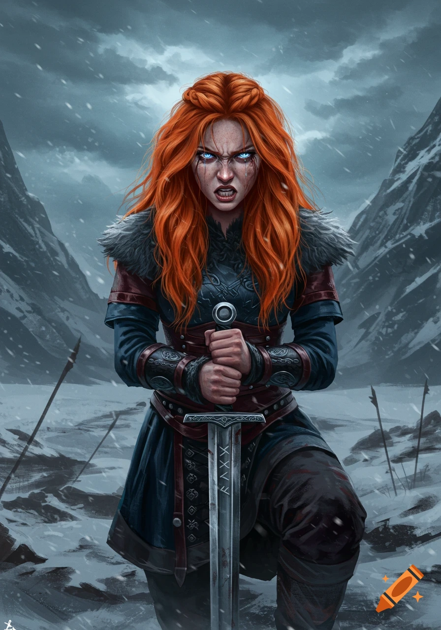 Fierce red-haired Viking woman in armor gripping a sword in a snowy mountain landscape, digital art.