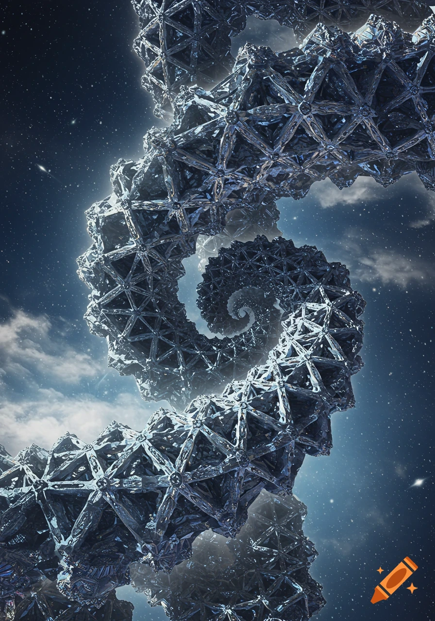 A complex, shimmering Sierpinski fractal structure spirals through a starry, cloudy night sky, rendered in 3D.