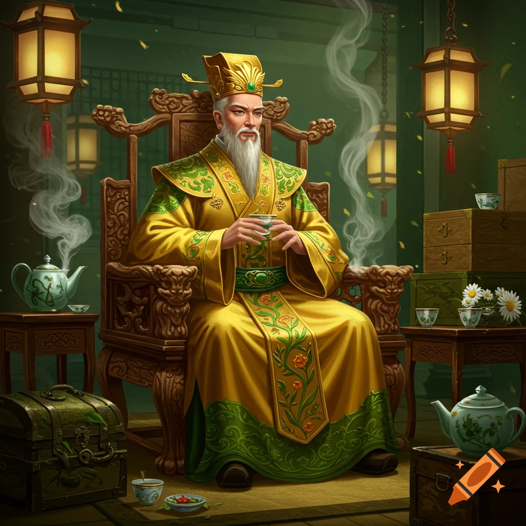An emperor in a golden and green robe sits on a throne, holding a teacup in a richly decorated room with teapots, chests, and lanterns.