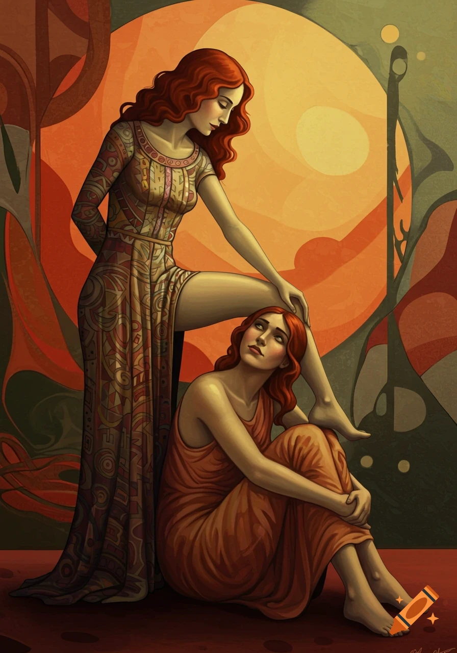 Art Nouveau style painting of two red-haired women, one standing with her leg on the other's shoulder, against an abstract orange and green background.