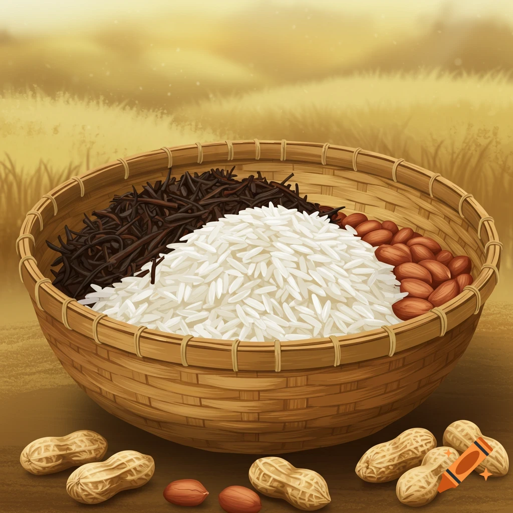 A painted image of a traditional basket filled with white rice, dark dried tea, and peanuts, with loose peanuts nearby, set against a blurry golden field.