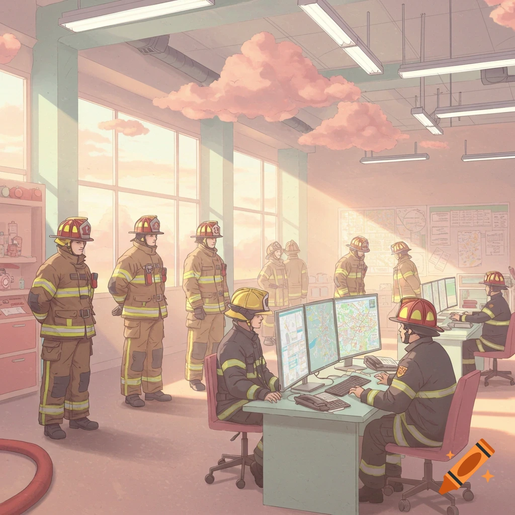 An illustration of firefighters in a pastel-colored fire station, some standing and others at computers displaying maps, with pink clouds inside.
