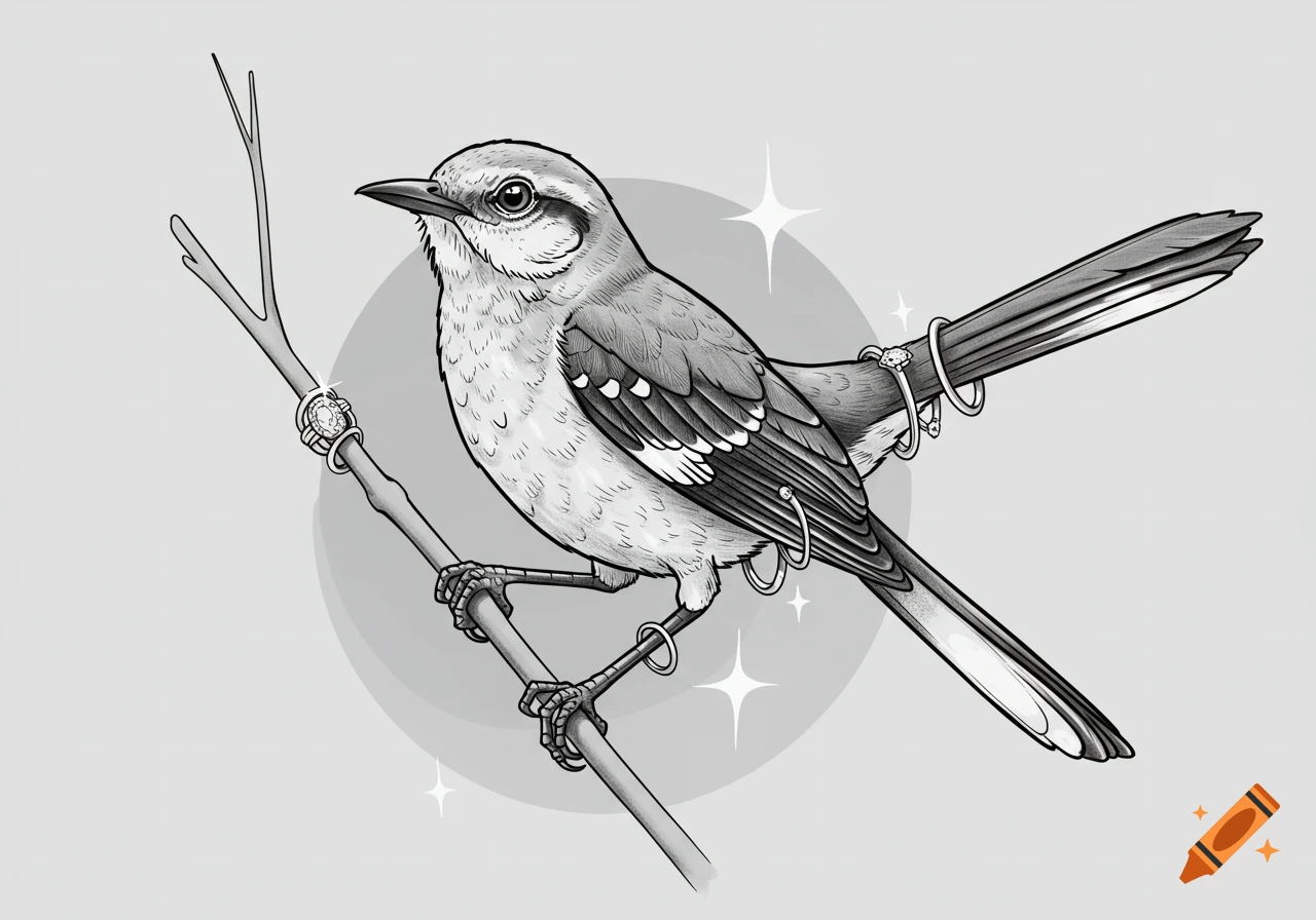Black and white tattoo style illustration of a mockingbird adorned with diamond rings, perched on a branch.