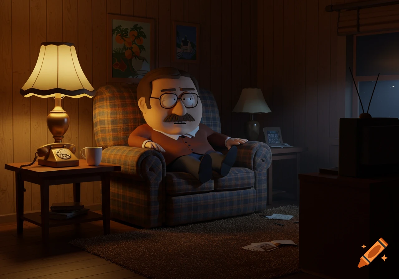 A 3D cartoon render of Mr. Garrison's dad from South Park, sitting in a plaid recliner in a dimly lit living room.