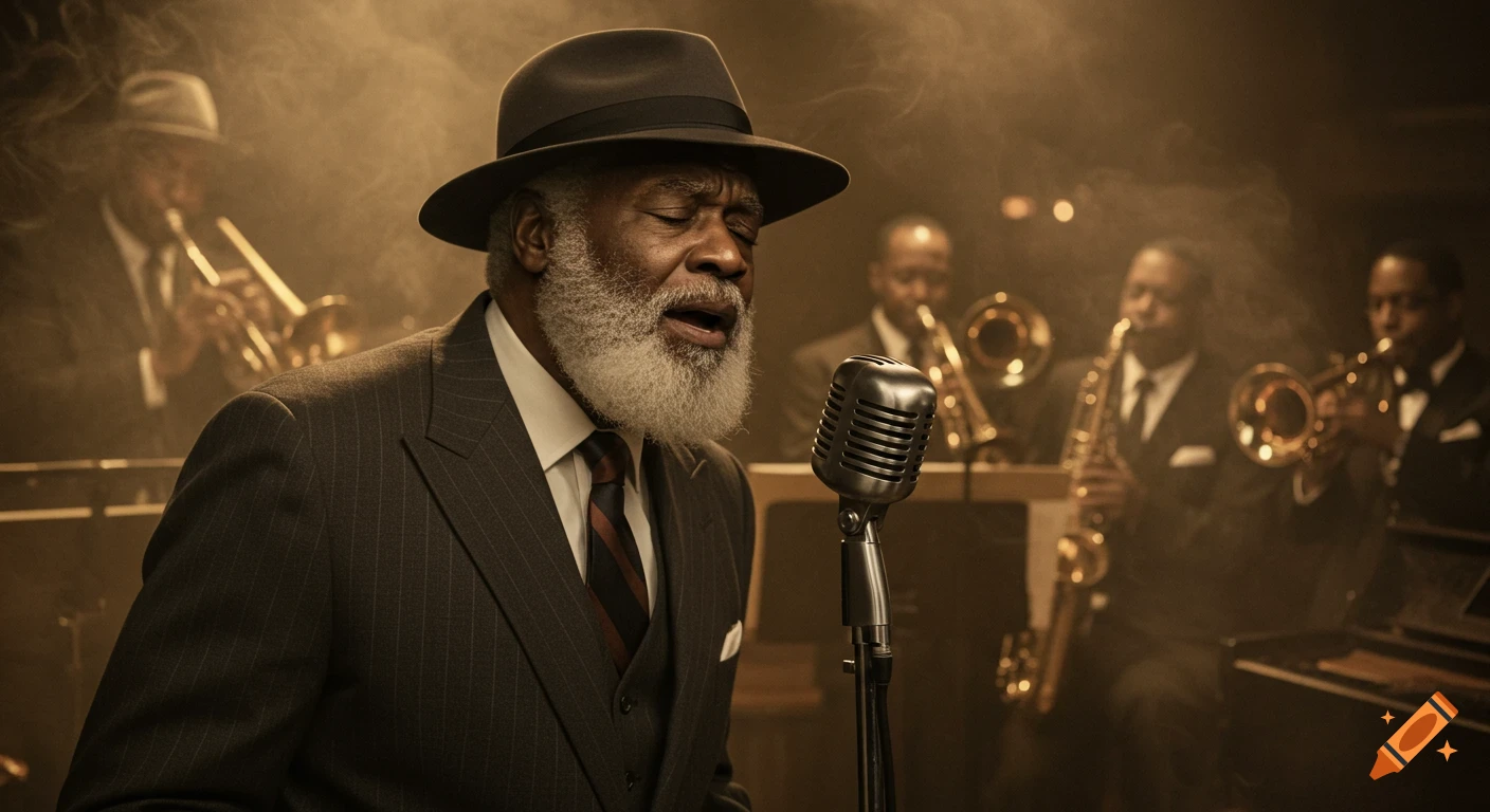 A bearded African American man in a suit and hat sings passionately into a vintage microphone in a smoky 1950s jazz club with a band in the background.