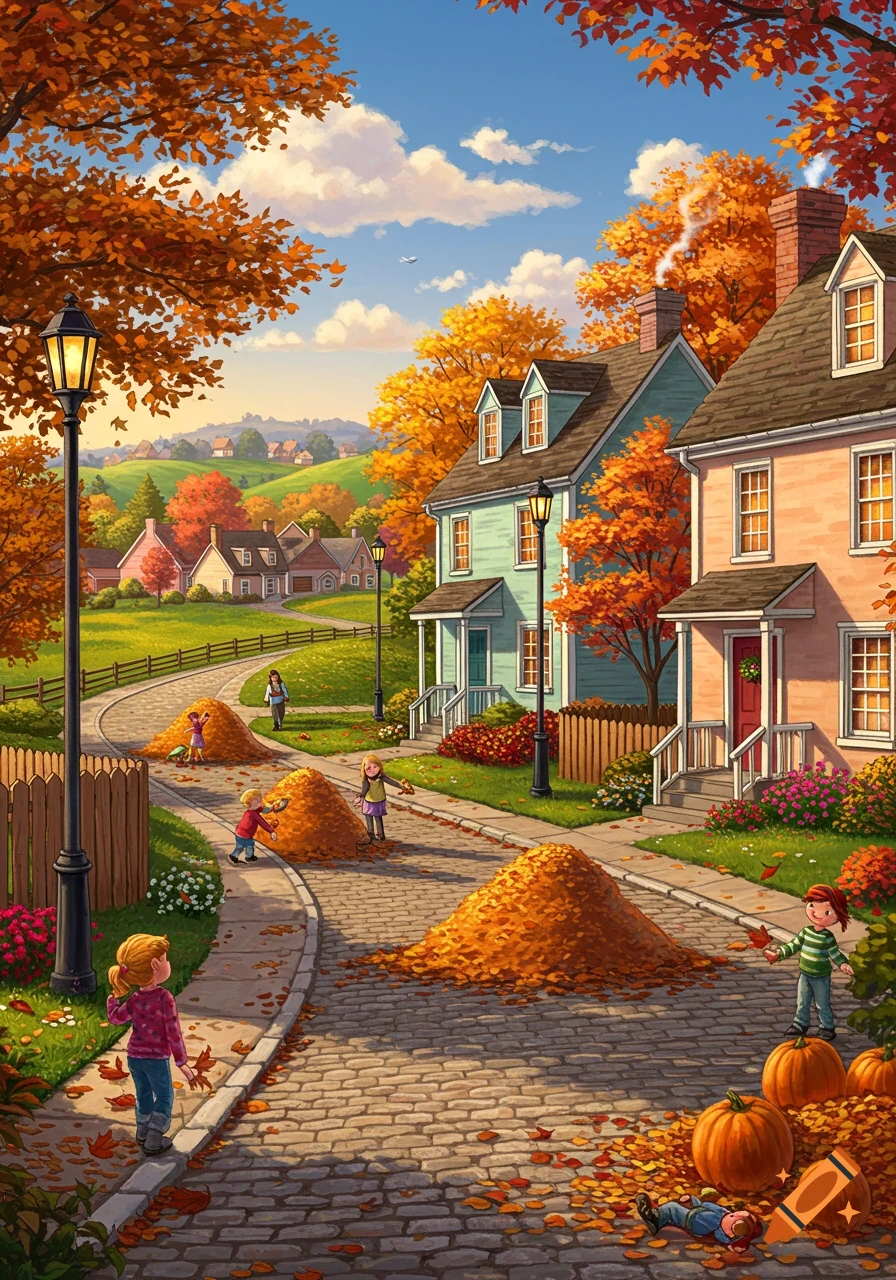 Illustrative scene of children playing in a suburban neighborhood with autumn leaves and pumpkins on a cobblestone street.