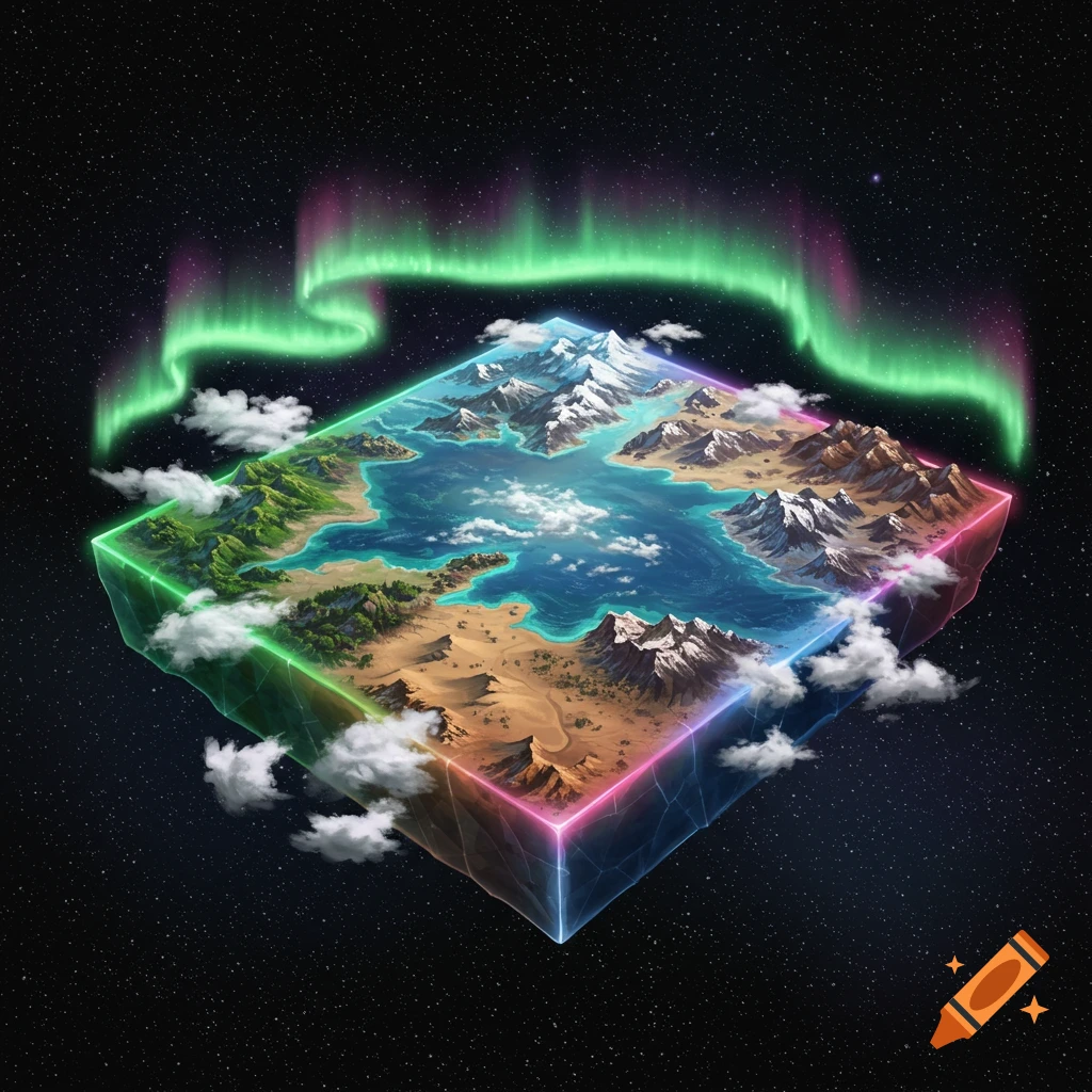 An isometric square landmass floating in space with mountains, deserts, green lands, water, and a vibrant green and pink aurora overhead.