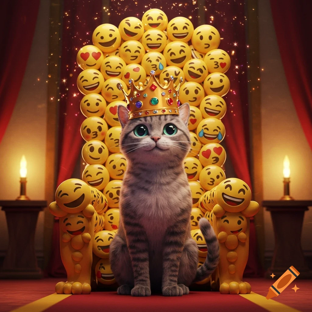 A majestic tabby cat with bright green eyes wears a golden crown, sitting on a throne made of many yellow smiling emojis, flanked by candles and red curtains.