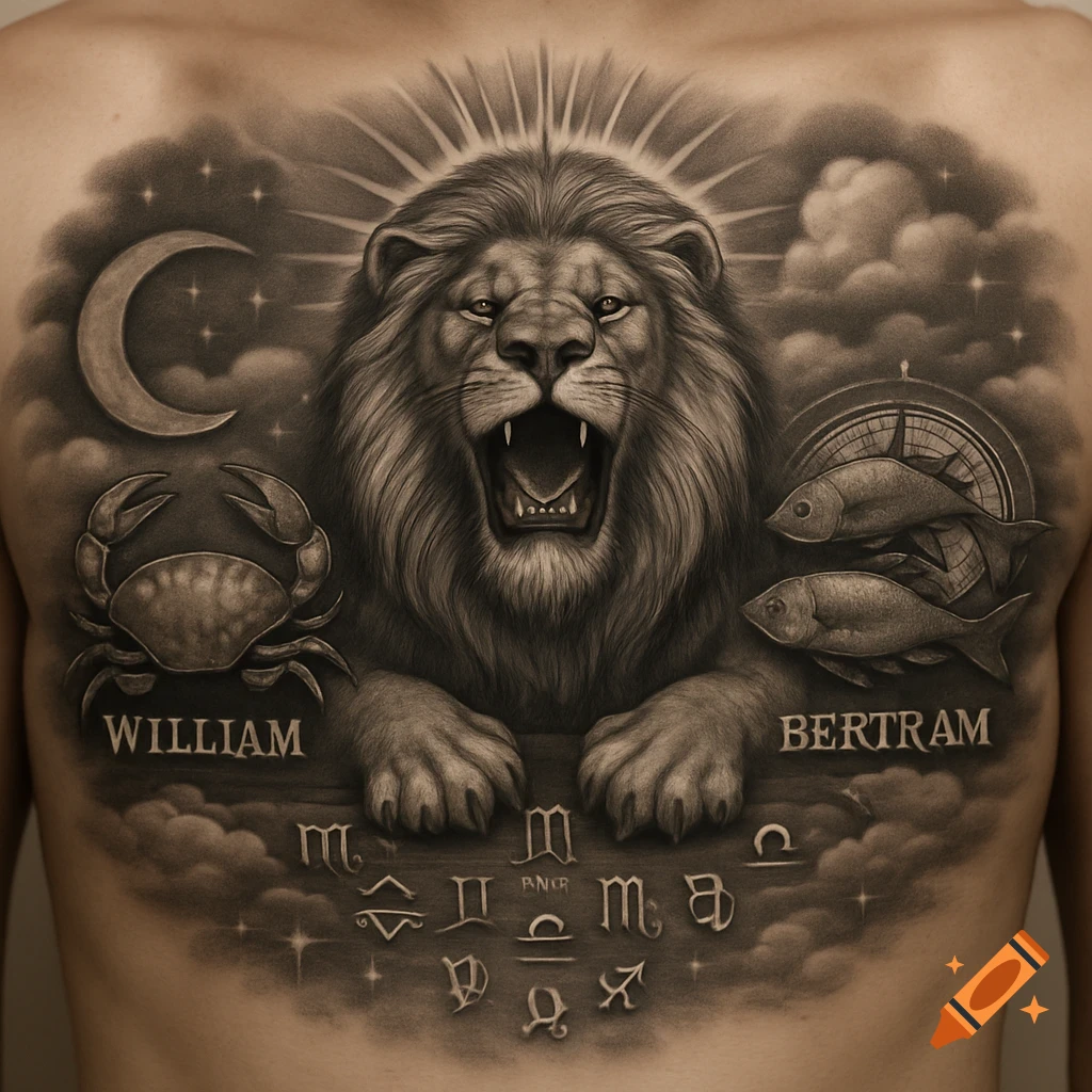 Realistic black and gray chest tattoo featuring a roaring lion, a crab labeled 'WILLIAM', two fish labeled 'BERTRAM', a moon, stars, and zodiac symbols.