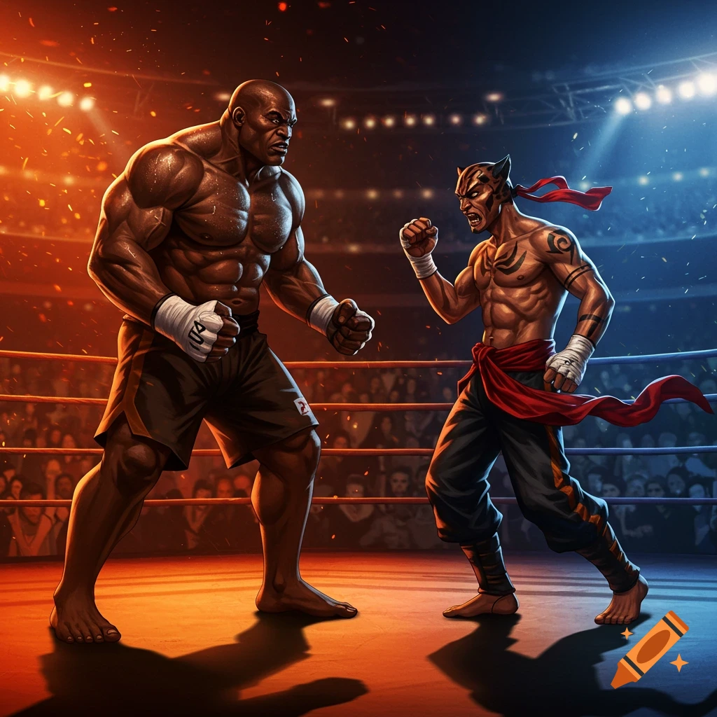 Muscular human and feline-like fighters face off in a dramatically lit boxing ring, digital art style.