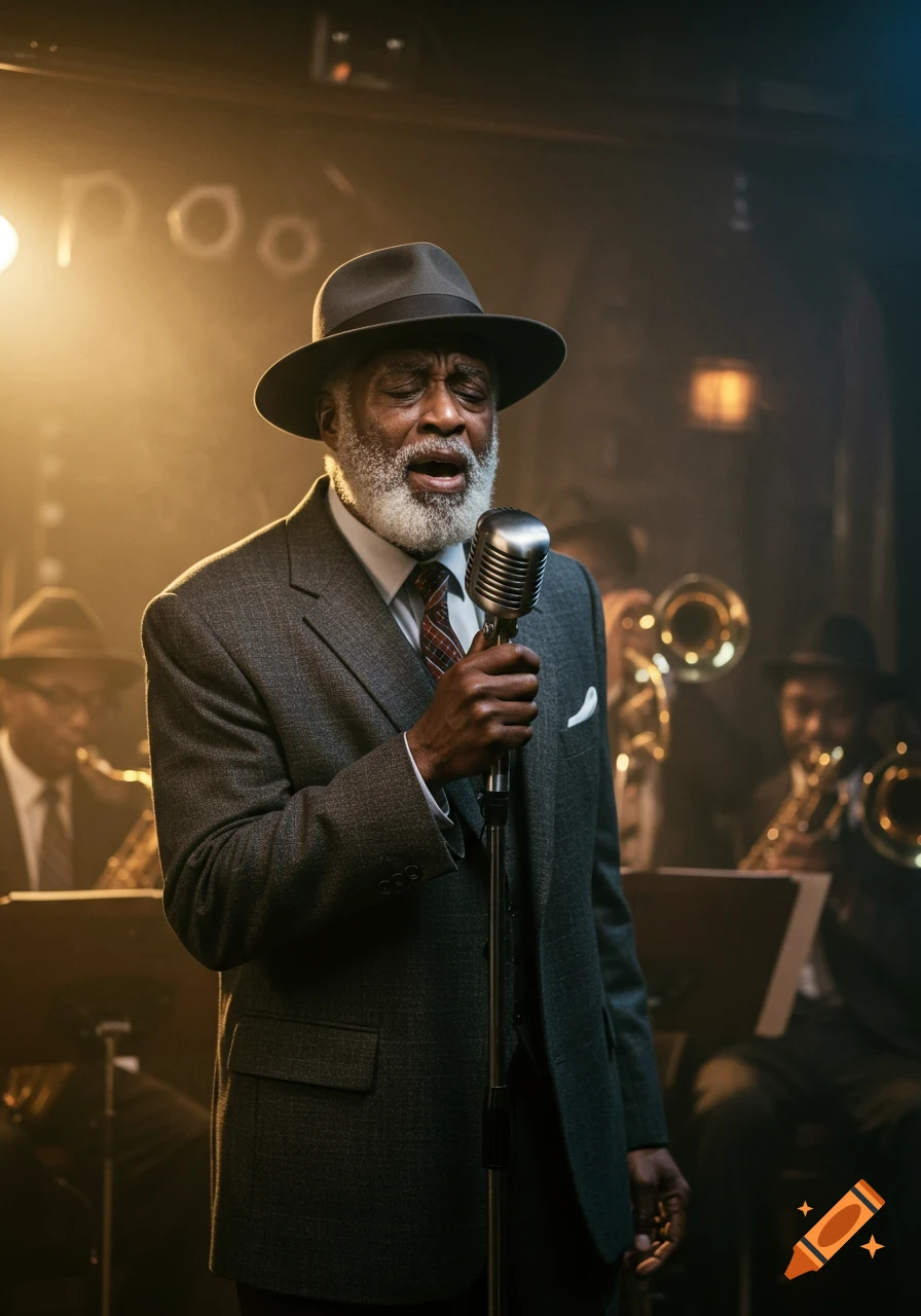A bearded African-American man in a suit and hat sings into a vintage microphone in a smoky, softly lit jazz club.