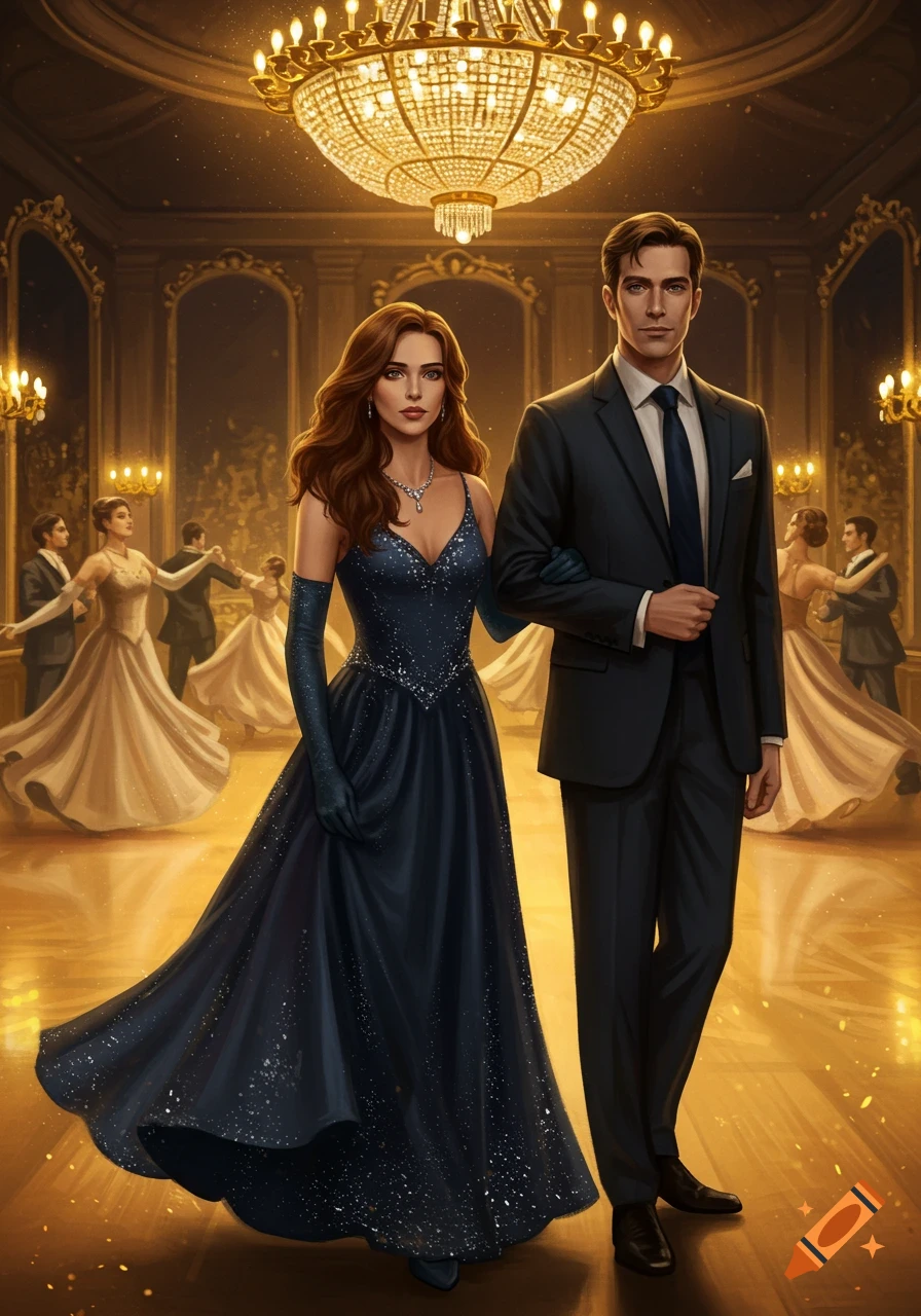 A formally dressed couple, the woman in a sparkling blue gown, the man in a dark suit, pose in a grand ballroom.