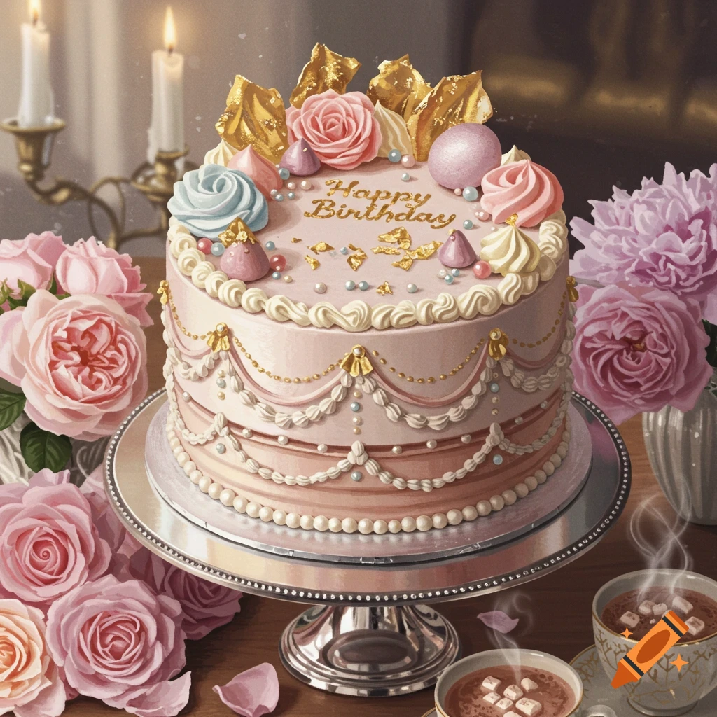 A beautifully decorated pink birthday cake with 'Happy Birthday' written in gold, surrounded by pink roses and cups of hot chocolate.