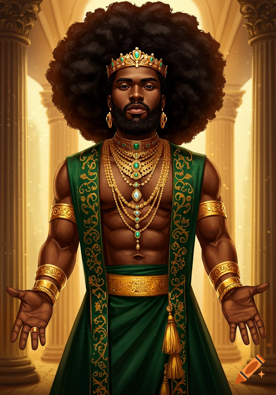 A strong Black king with a large afro and beard, adorned in green and gold royal garments, a crown, and elaborate jewelry, stands with open arms in a grand hall.