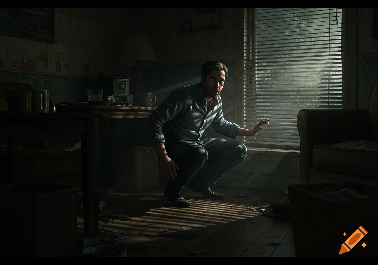 A man crouches in a dark, messy room, peering through window blinds with a worried expression. Photorealistic style.
