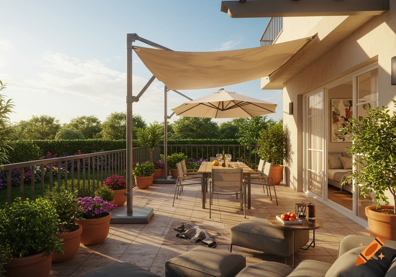 A bright, sunny outdoor terrace featuring a dining area with a table and chairs, a large parasol, potted plants, and comfortable lounge seating, overlooking a lush garden.