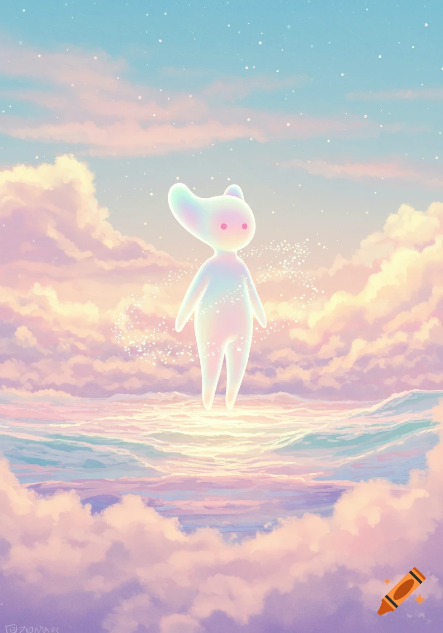An ethereal glowing translucent creature floats in a pastel sky with pink and blue clouds and stylized waves.