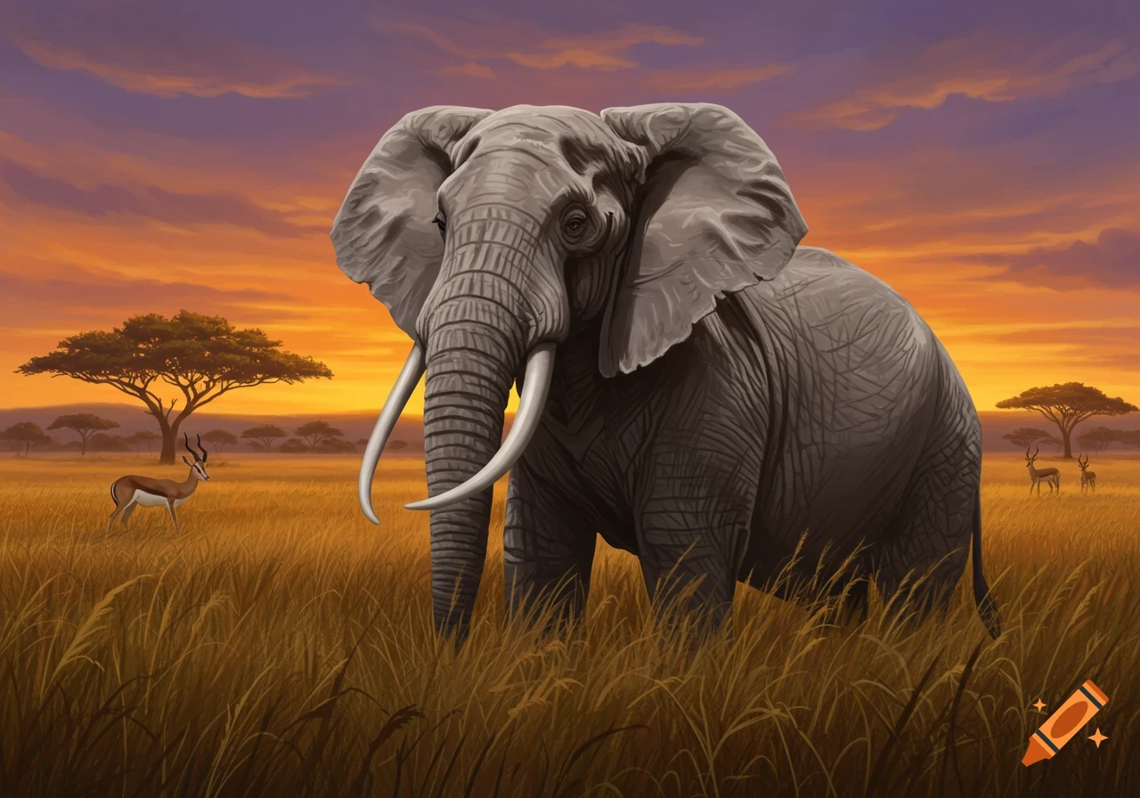 A large elephant stands in a golden savanna with tall grass, under a vibrant orange and purple sunset sky. Antelopes and acacia trees are visible in the background.