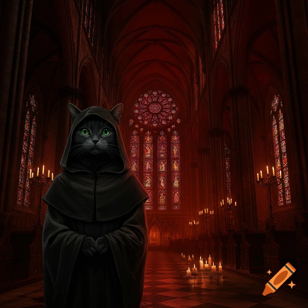 A gray cat in a dark hooded robe with green eyes stands in a dark red ...