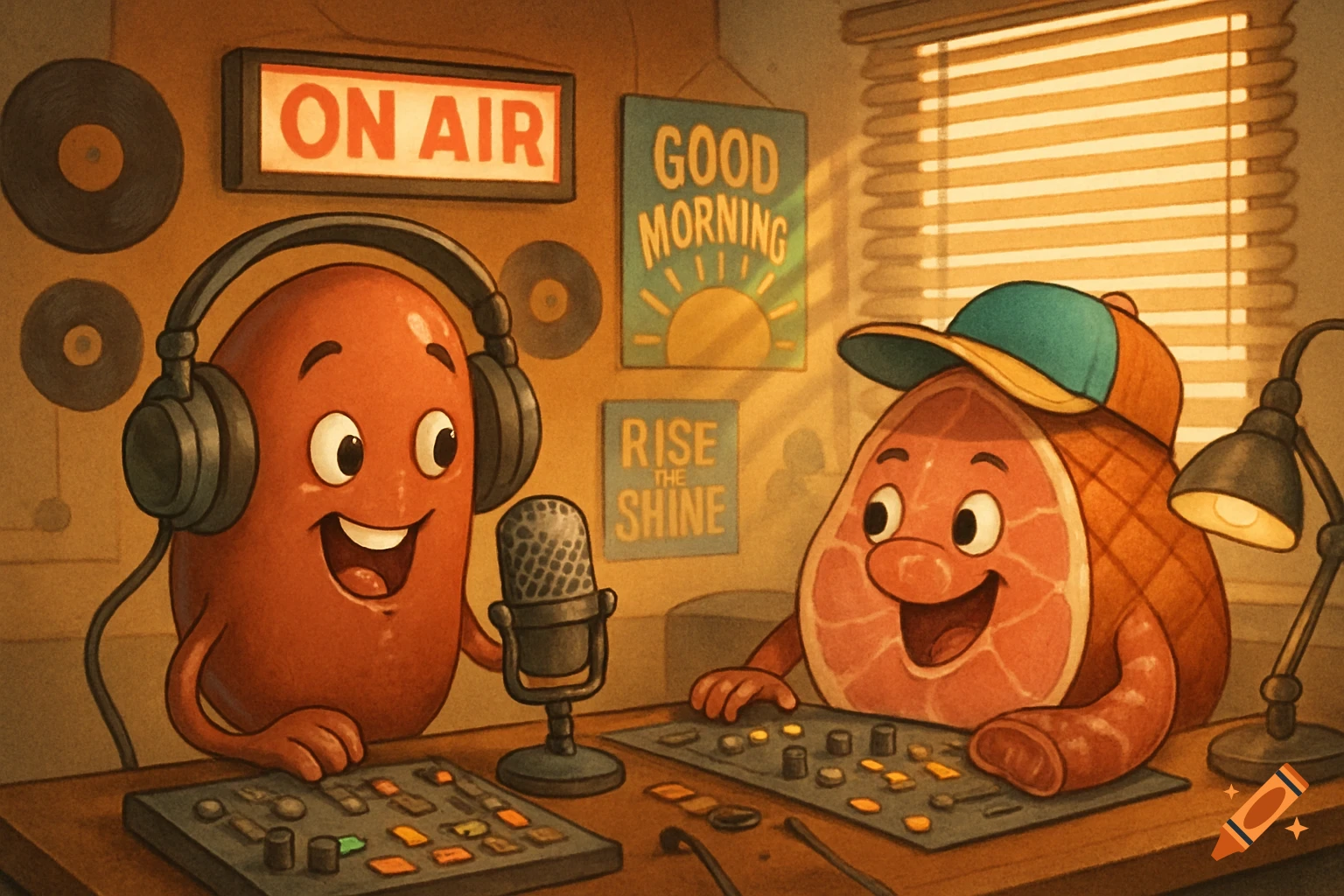 Cartoon sausage and ham characters are radio deejays in a studio with signs, headphones, microphones, and mixing boards.