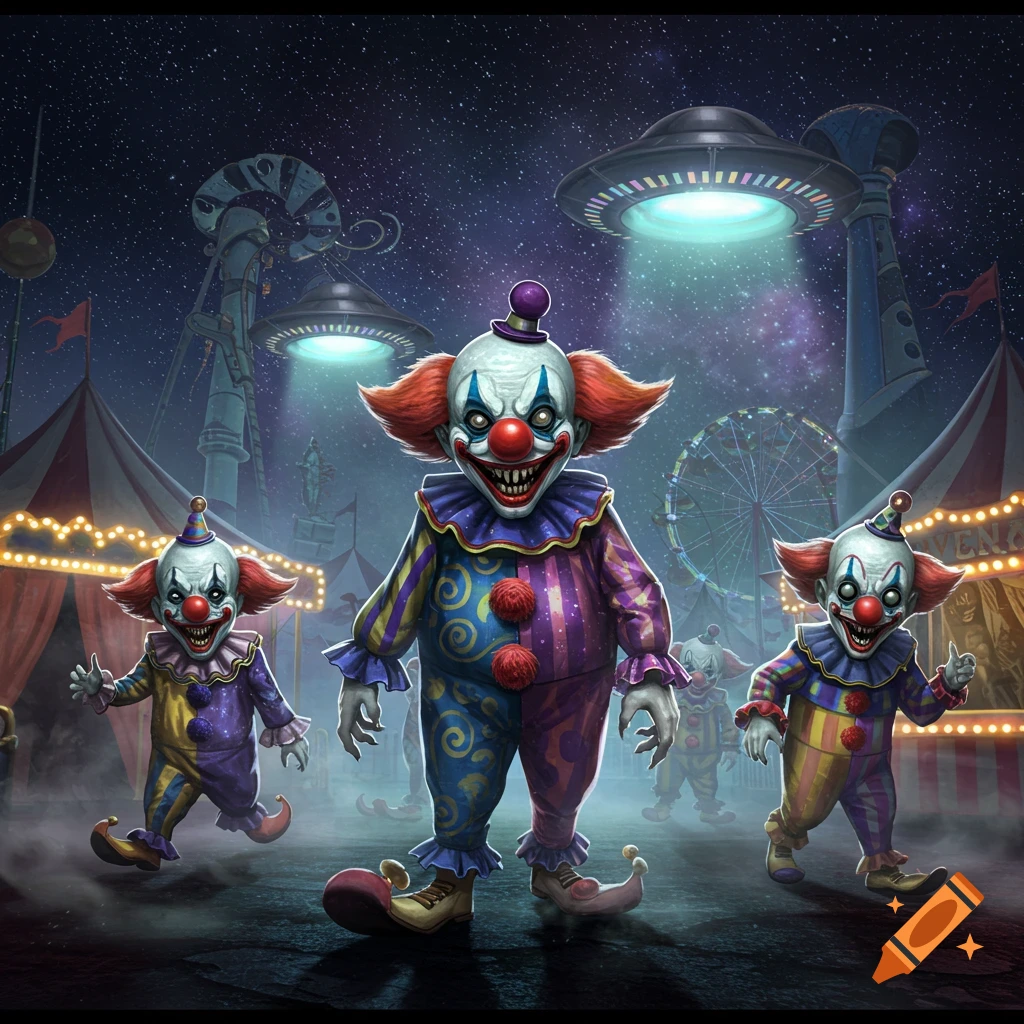 Three scary clowns with sharp teeth and red hair stand in a dark, alien-infested carnival under a starry night sky.