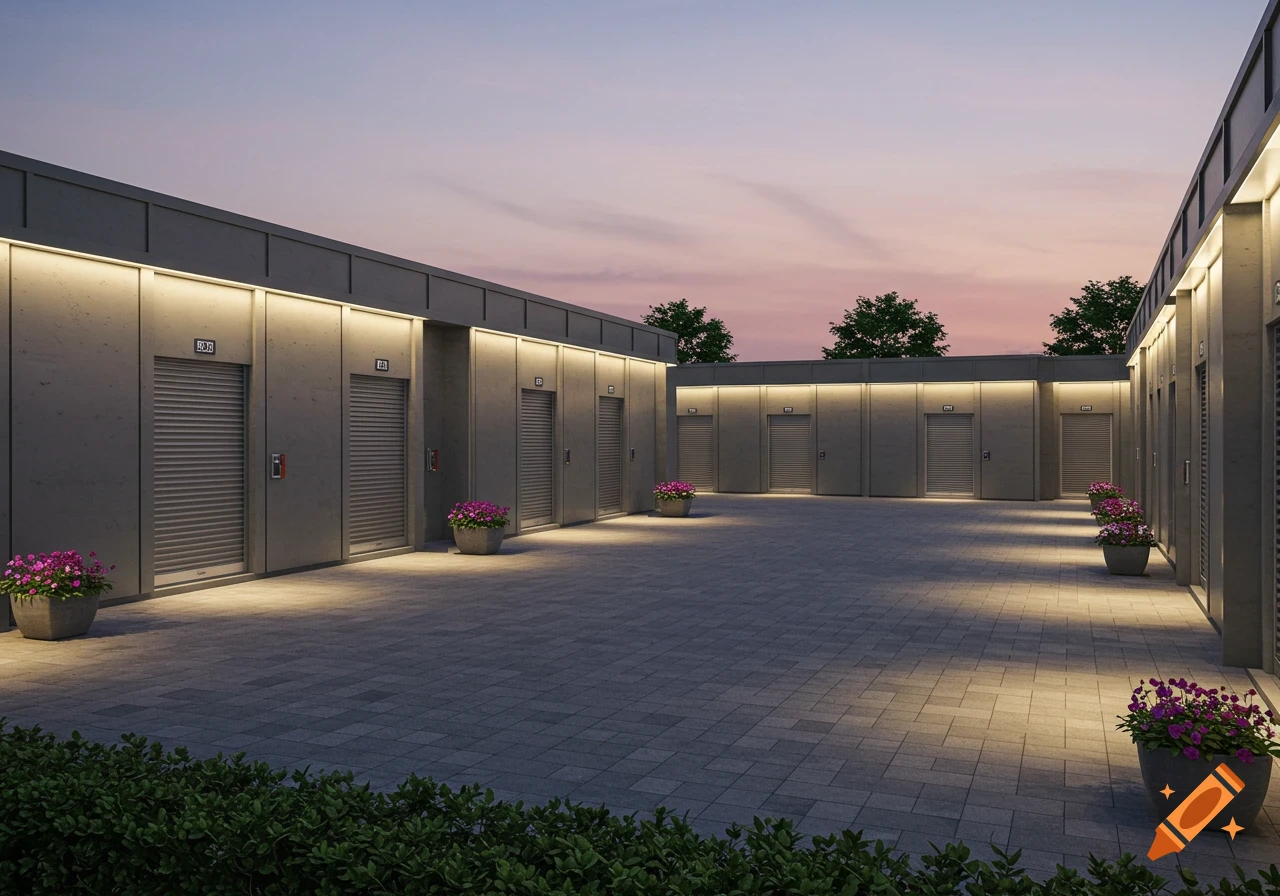 Photorealistic modern luxury storage units with illuminated roll-up doors at dusk, surrounded by potted flowers and green bushes.