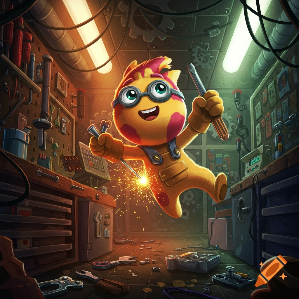 A cheerful cartoon character in yellow overalls and goggles holds tools while sparks fly in a detailed workshop.