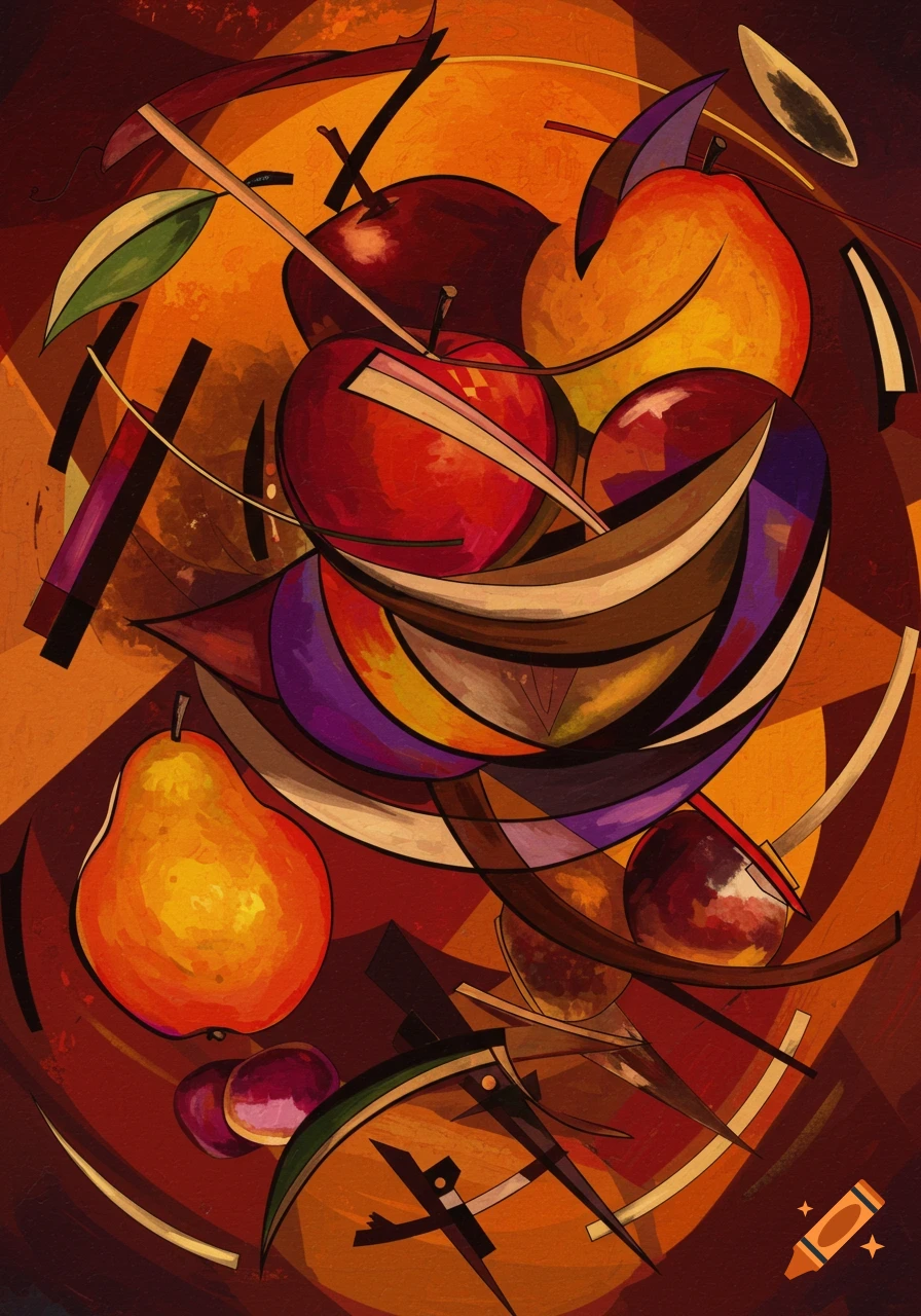 Abstract painting in Kandinsky style featuring geometric shapes of apples, pears, and grapes in warm red, orange, and brown tones.