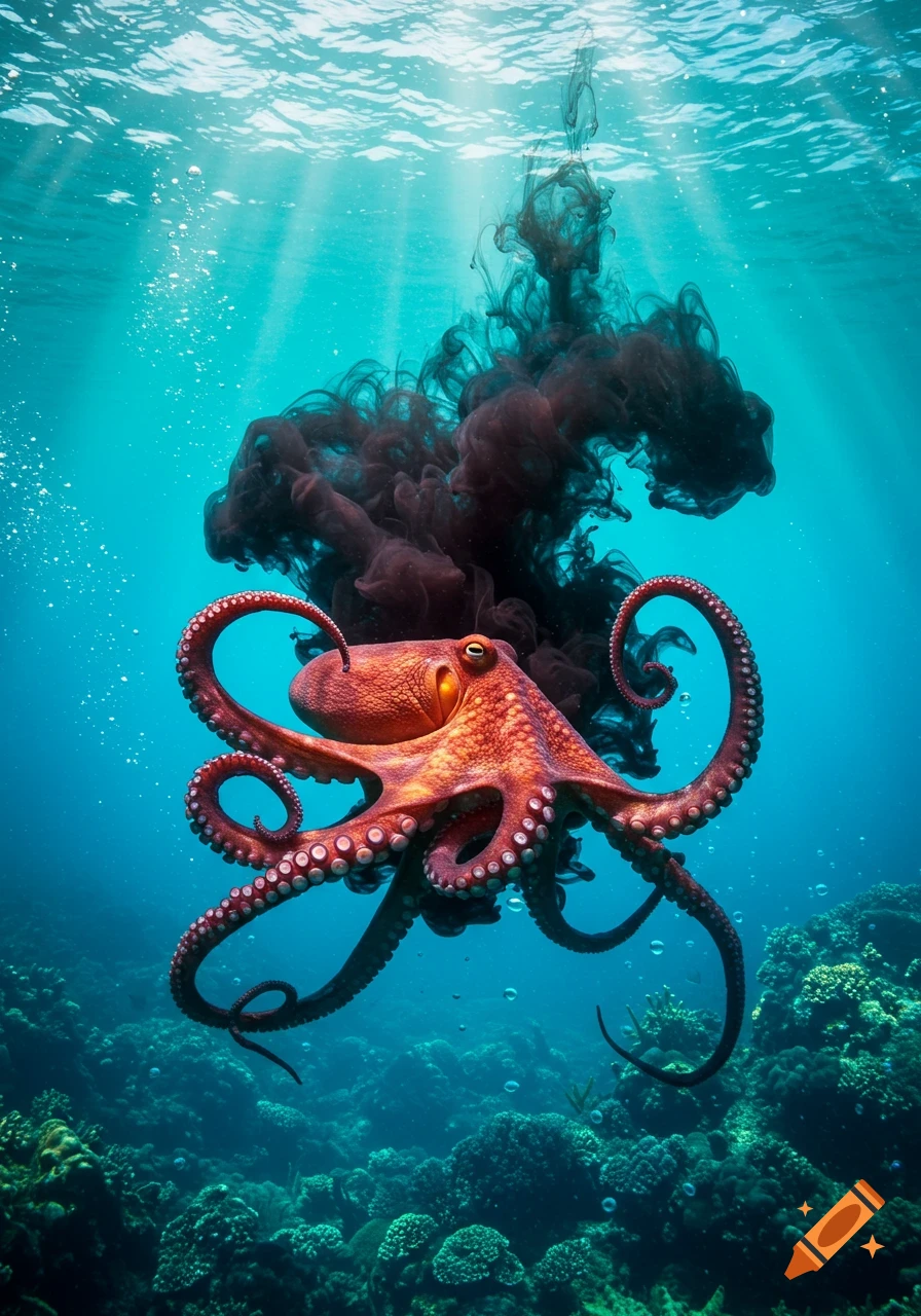 A vibrant orange octopus squirts a cloud of dark ink amidst a vivid coral reef with sun rays from above.