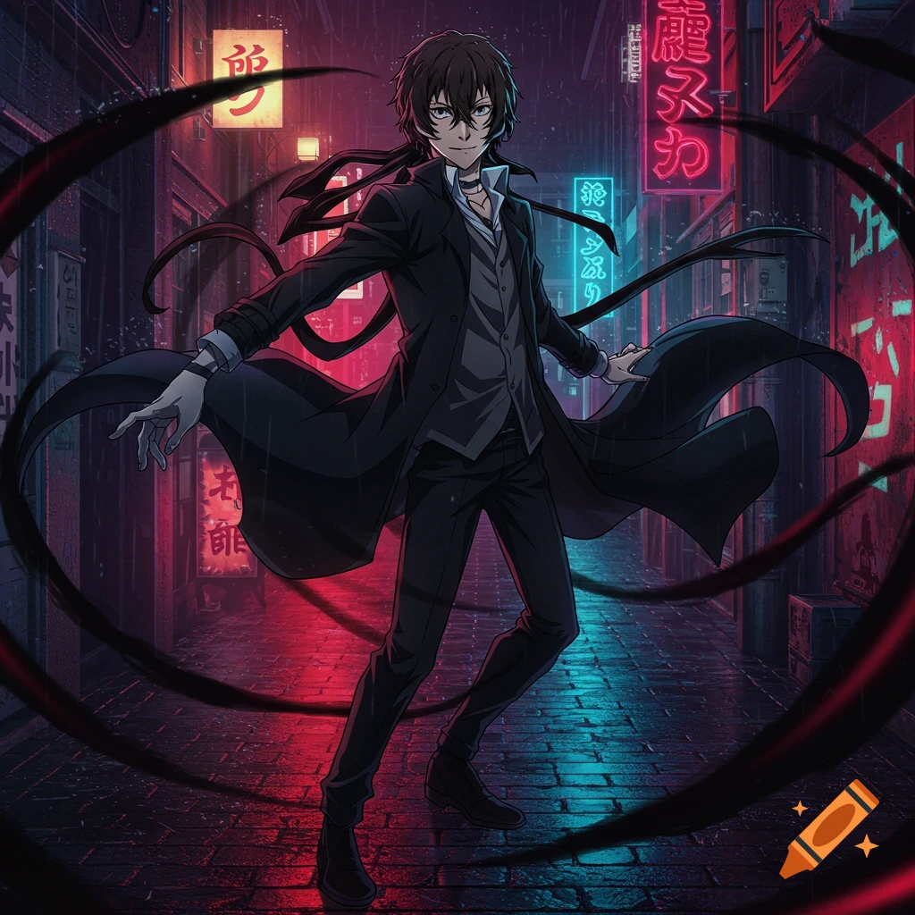 Anime man in black coat and waistcoat stands in a dark, rain-slicked city street with red and blue neon lights, dark tendrils swirling.