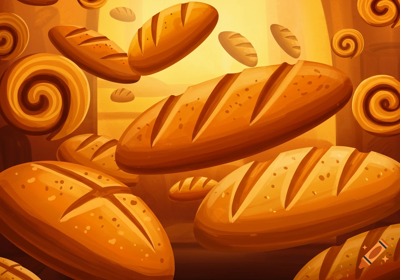 A stylized modern art illustration of various golden-brown bread loaves and cinnamon rolls floating against a warm, gradient background.