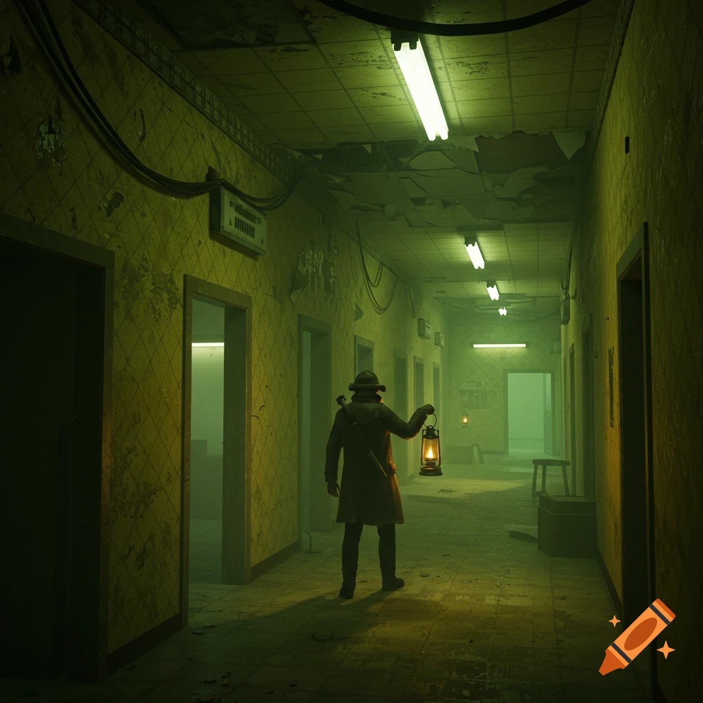 An explorer holds a lit lantern while walking down a long, dilapidated, green-tinged hallway with many doors, resembling a horror video game scene.