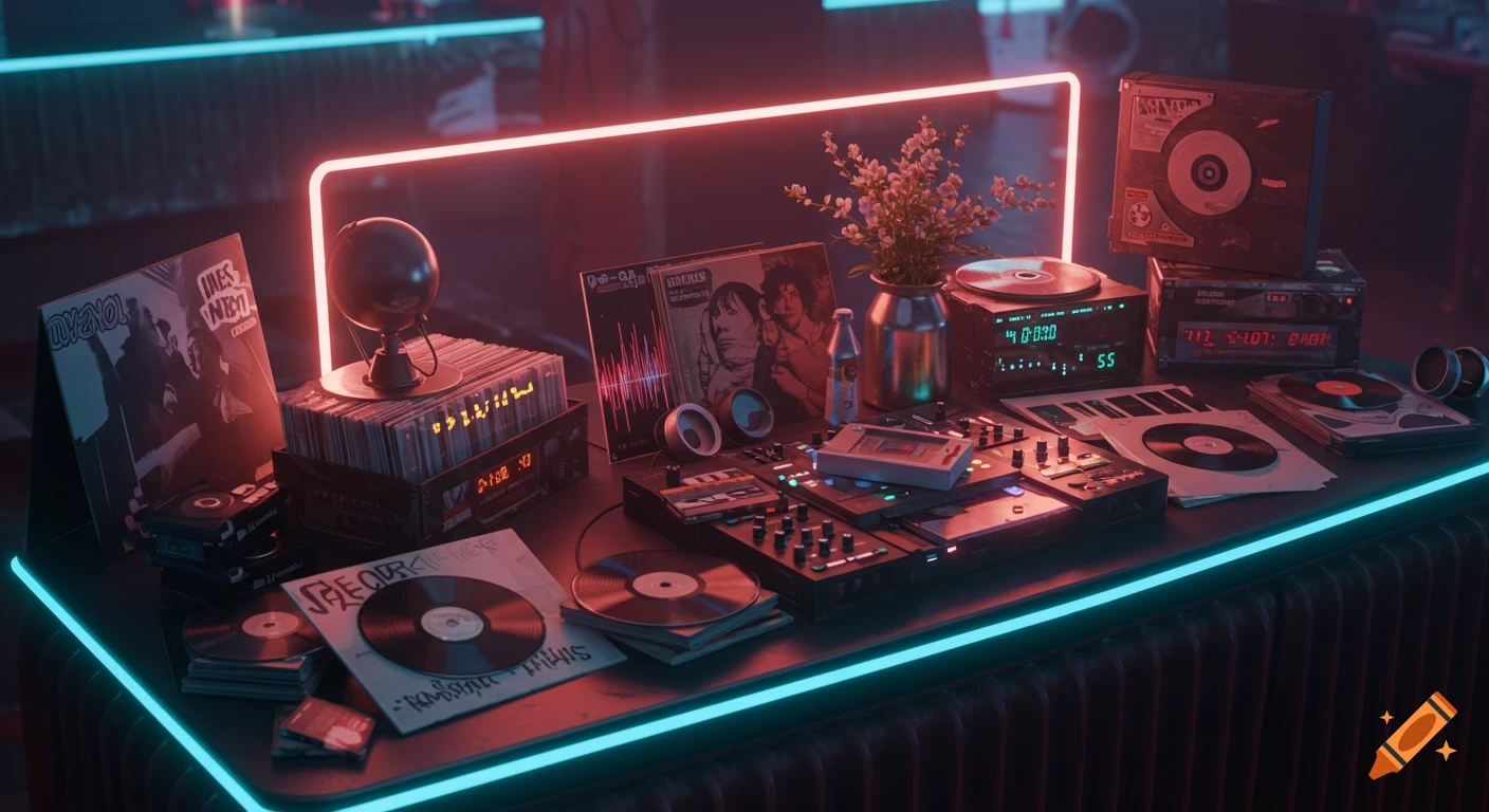 A table filled with vintage and modern music equipment, including vinyl records, cassette tapes, and a DJ mixer, illuminated by red and blue neon lights.