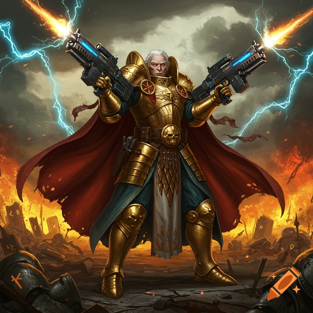 A heavily armored golden-clad warrior with white hair dual-wields machine guns, firing energy bolts amidst lightning, fire, and fallen armor on a battlefield.